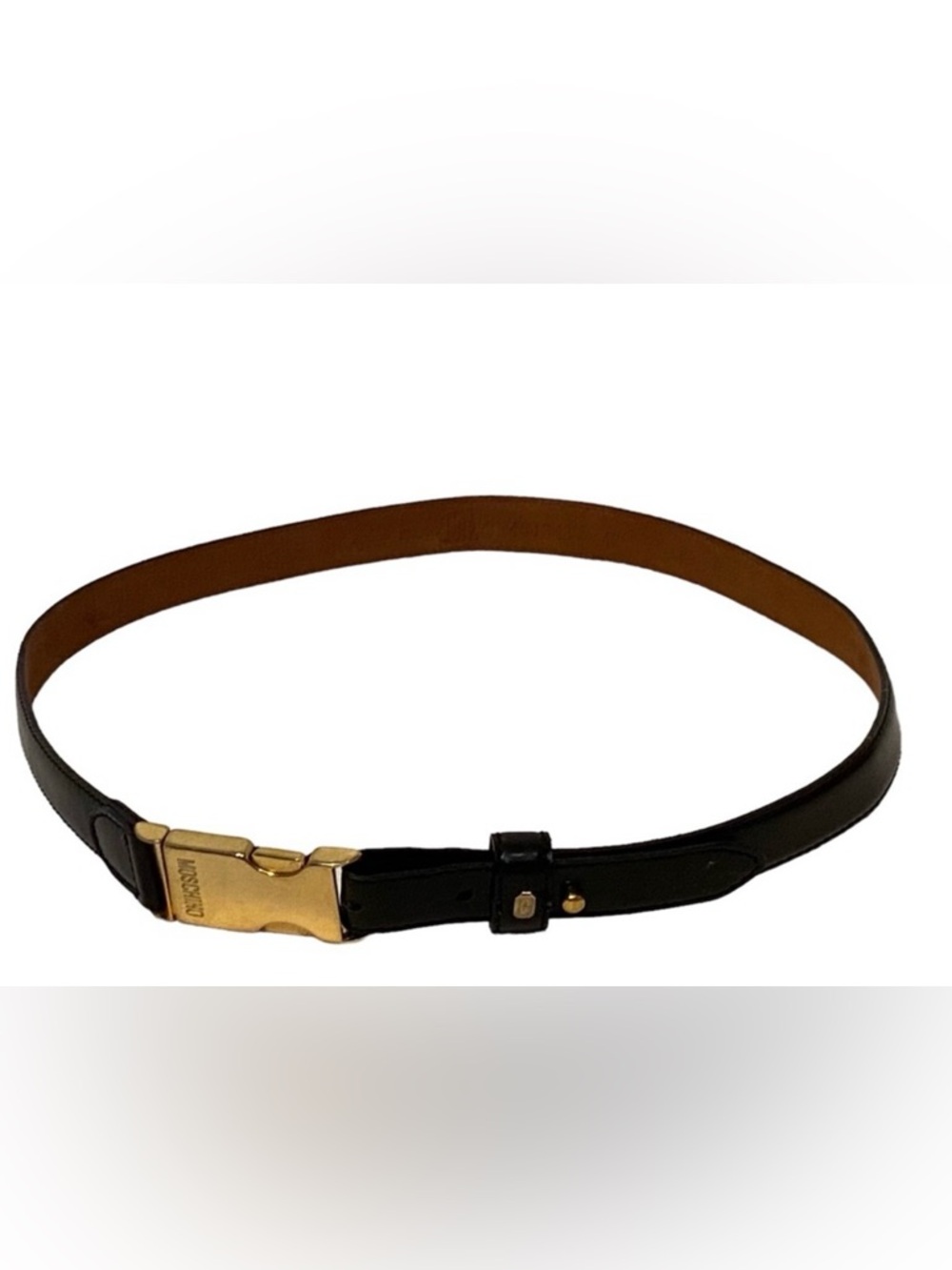 MOSCHINO BELT BLACK GLOSS LEATHER GOLD TONE SIGNED BUCKLE ITALY SIZE 42 S 31”